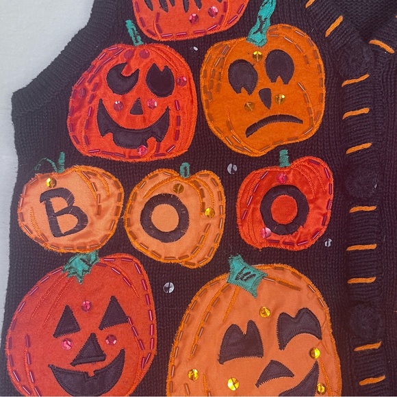 Halloween Pumpkin Sweater Vest Womens Small Appliqué Sequins Festive Holiday - Picture 2 of 8